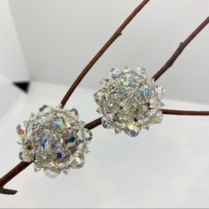 AURORA Borealis Clear Crystal Beaded Cluster Clip-On Vintage Earrings